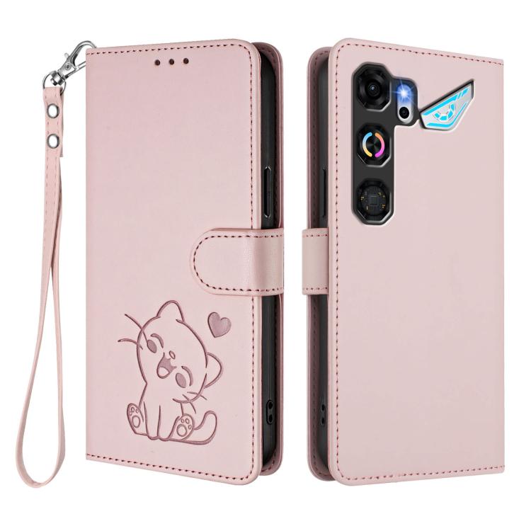 For ZTE nubia Neo 5 GT 5G Embossed Heart Cat Leather Phone Case with Hand Strap