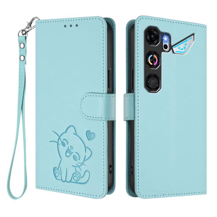 For ZTE nubia Neo 5 GT 5G Embossed Heart Cat Leather Phone Case with Hand Strap