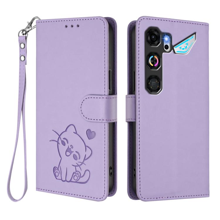 For ZTE nubia Neo 5 GT 5G Embossed Heart Cat Leather Phone Case with Hand Strap