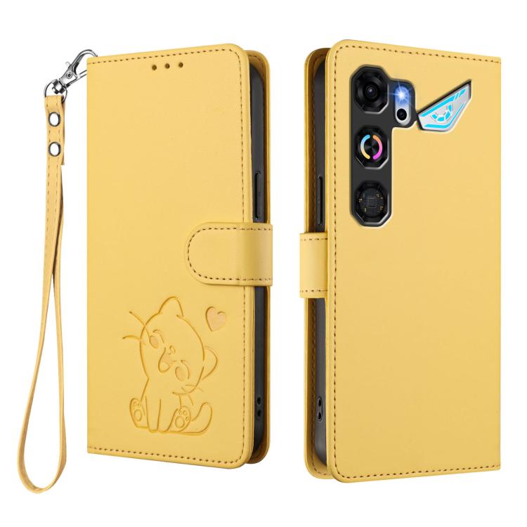 For ZTE nubia Neo 5 GT 5G Embossed Heart Cat Leather Phone Case with Hand Strap