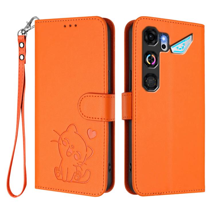 For ZTE nubia Neo 5 GT 5G Embossed Heart Cat Leather Phone Case with Hand Strap
