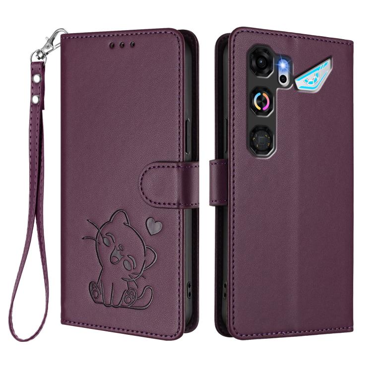 For ZTE nubia Neo 5 GT 5G Embossed Heart Cat Leather Phone Case with Hand Strap