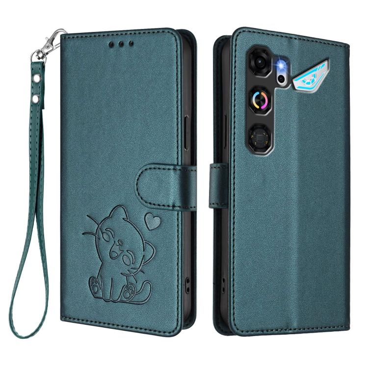 For ZTE nubia Neo 5 GT 5G Embossed Heart Cat Leather Phone Case with Hand Strap