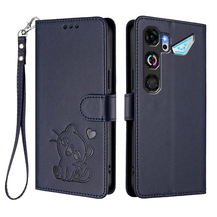 For ZTE nubia Neo 5 GT 5G Embossed Heart Cat Leather Phone Case with Hand Strap