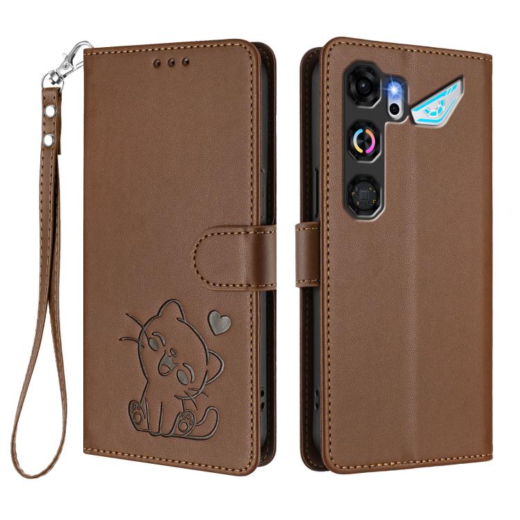 For ZTE nubia Neo 5 GT 5G Embossed Heart Cat Leather Phone Case with Hand Strap