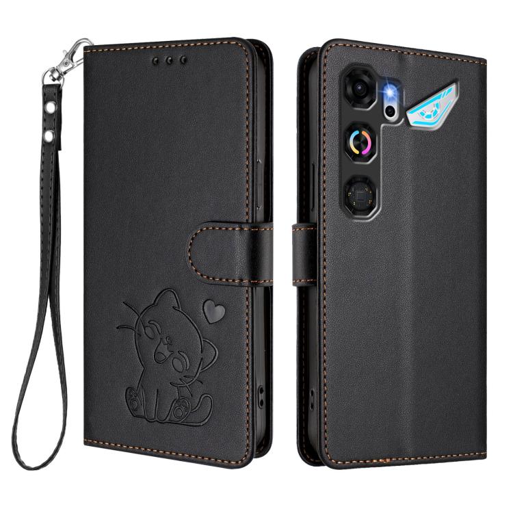For ZTE nubia Neo 5 GT 5G Embossed Heart Cat Leather Phone Case with Hand Strap