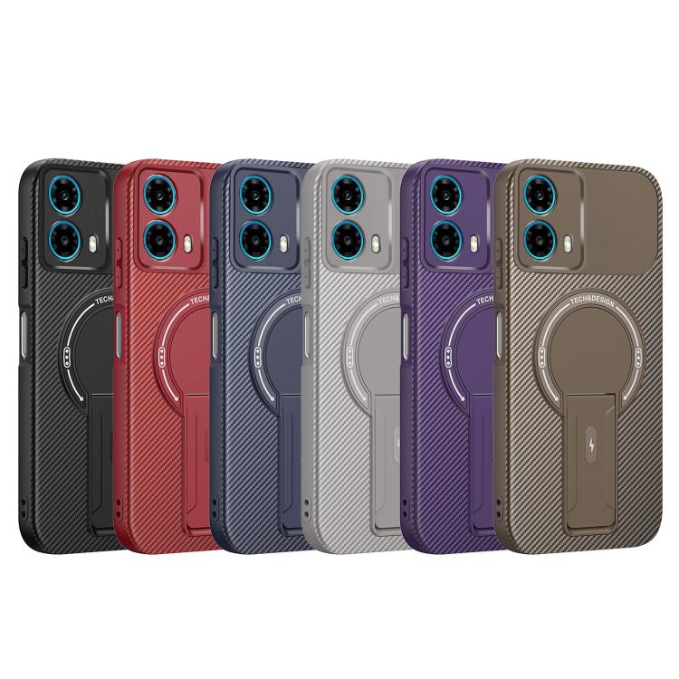 For Motorola Moto G34 Carbon Fiber Texture MagSafe Phone Case with Holder