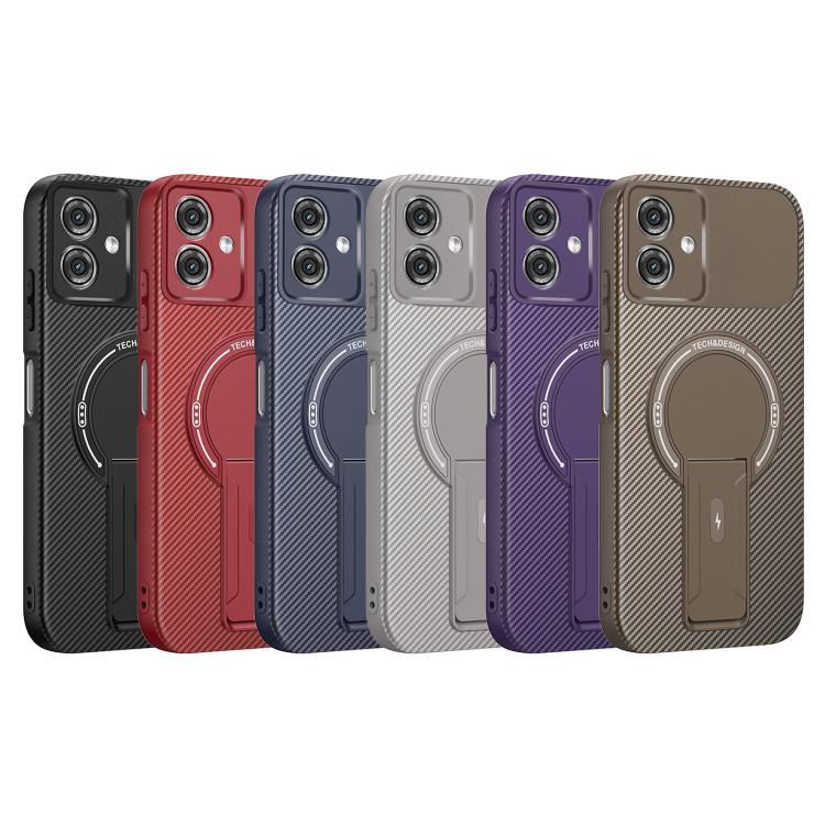 For Motorola Moto G55 5G Carbon Fiber Texture MagSafe Phone Case with Holder
