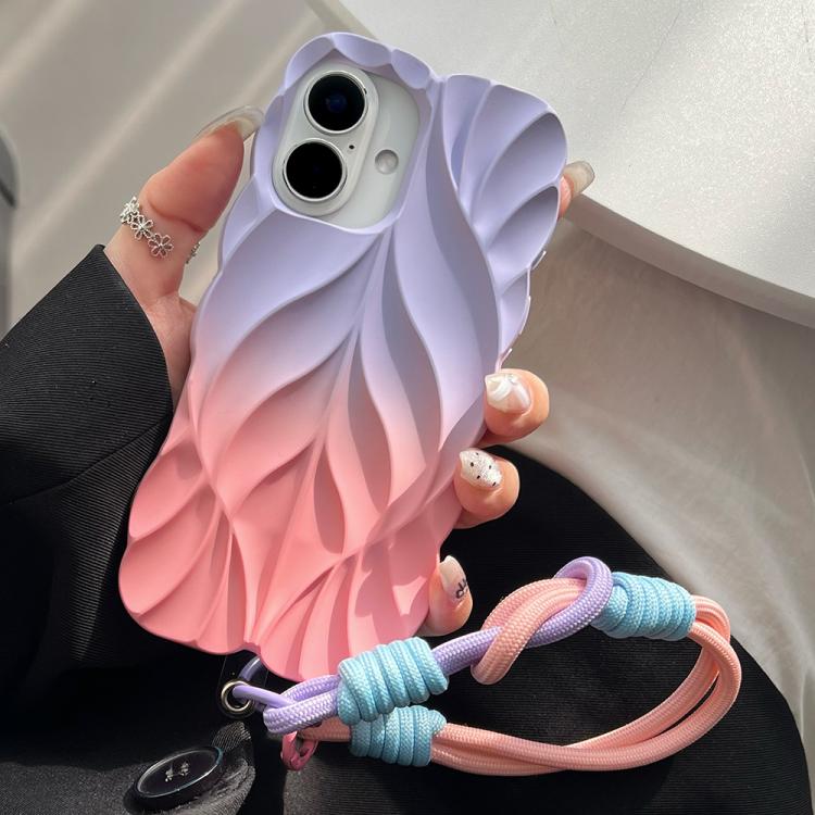 For iPhone 16 Plus Thickened 3D Leaf Pattern Two-Color Oil-Sprayed TPU Phone Case with Strap