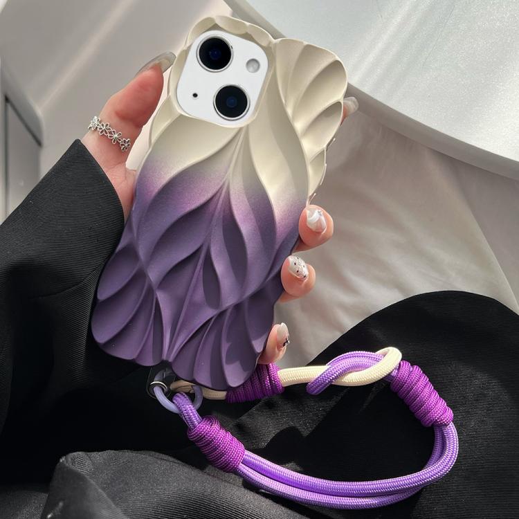 For iPhone 15 Plus Thickened 3D Leaf Pattern Two-Color Oil-Sprayed TPU Phone Case with Strap