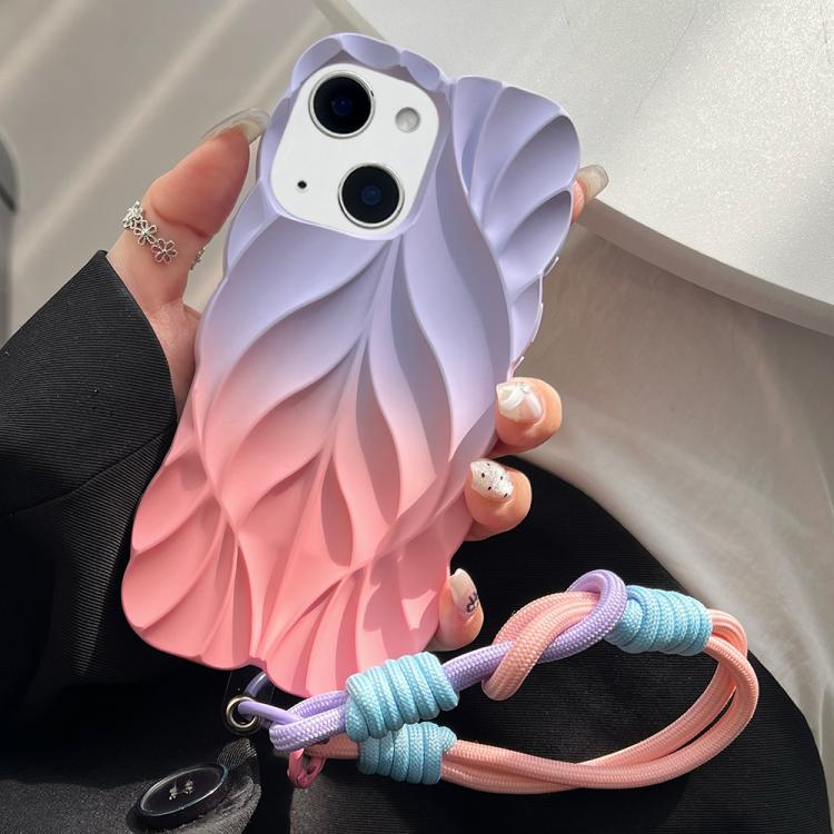 For iPhone 15 Plus Thickened 3D Leaf Pattern Two-Color Oil-Sprayed TPU Phone Case with Strap
