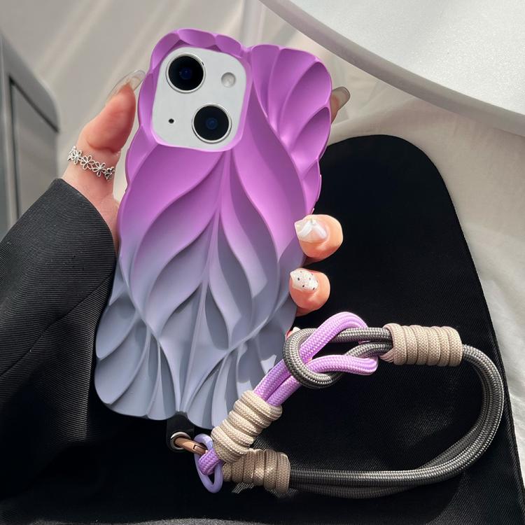 For iPhone 15 Thickened 3D Leaf Pattern Two-Color Oil-Sprayed TPU Phone Case with Strap