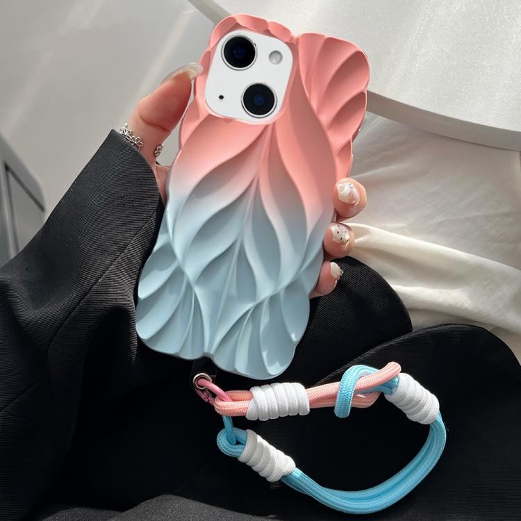 For iPhone 15 Thickened 3D Leaf Pattern Two-Color Oil-Sprayed TPU Phone Case with Strap