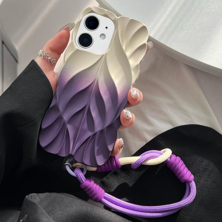 For iPhone 12 Thickened 3D Leaf Pattern Two-Color Oil-Sprayed TPU Phone Case with Strap