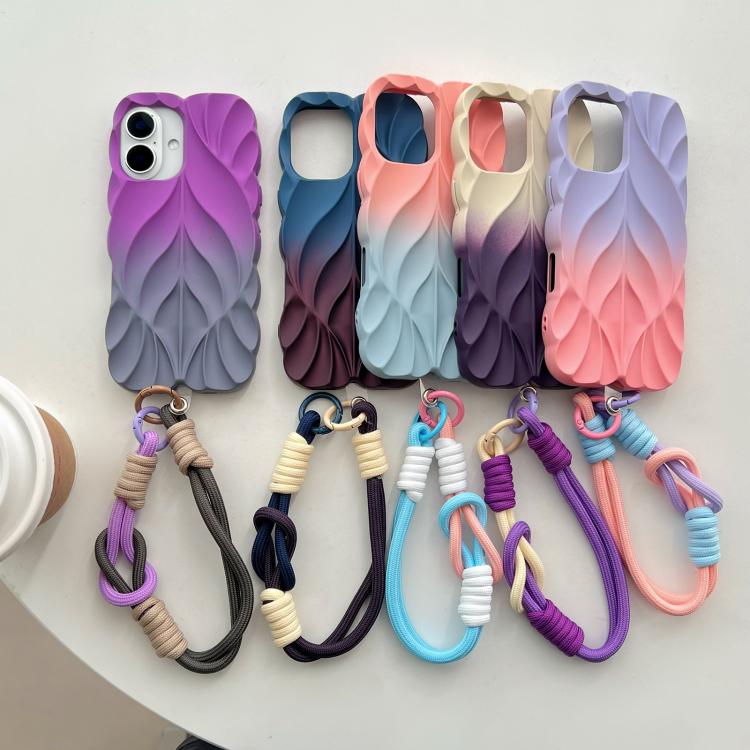 For iPhone 16 Plus Thickened 3D Leaf Pattern Two-Color Oil-Sprayed TPU Phone Case with Strap