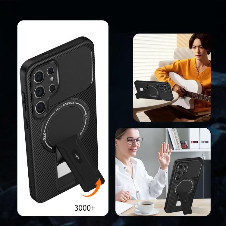 For Samsung Galaxy S25 Ultra 5G Carbon Fiber Texture MagSafe Phone Case with Holder