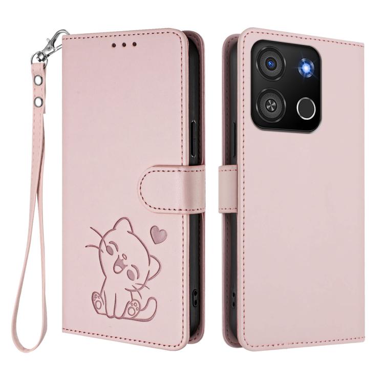 For Itel A05s Embossed Heart Cat Leather Phone Case with Hand Strap