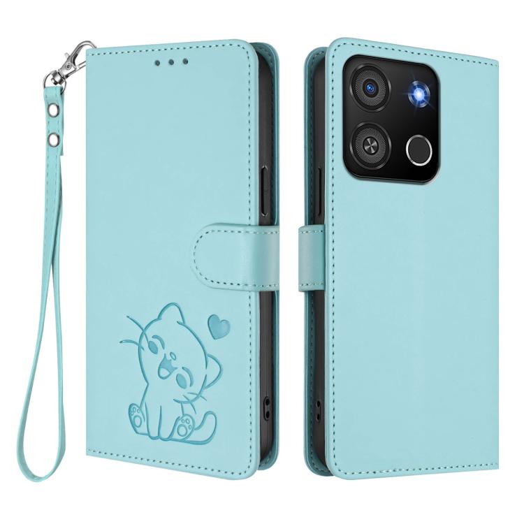 For Itel A05s Embossed Heart Cat Leather Phone Case with Hand Strap