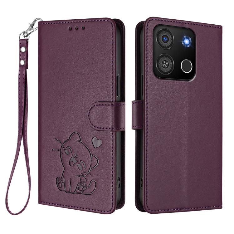 For Itel A05s Embossed Heart Cat Leather Phone Case with Hand Strap