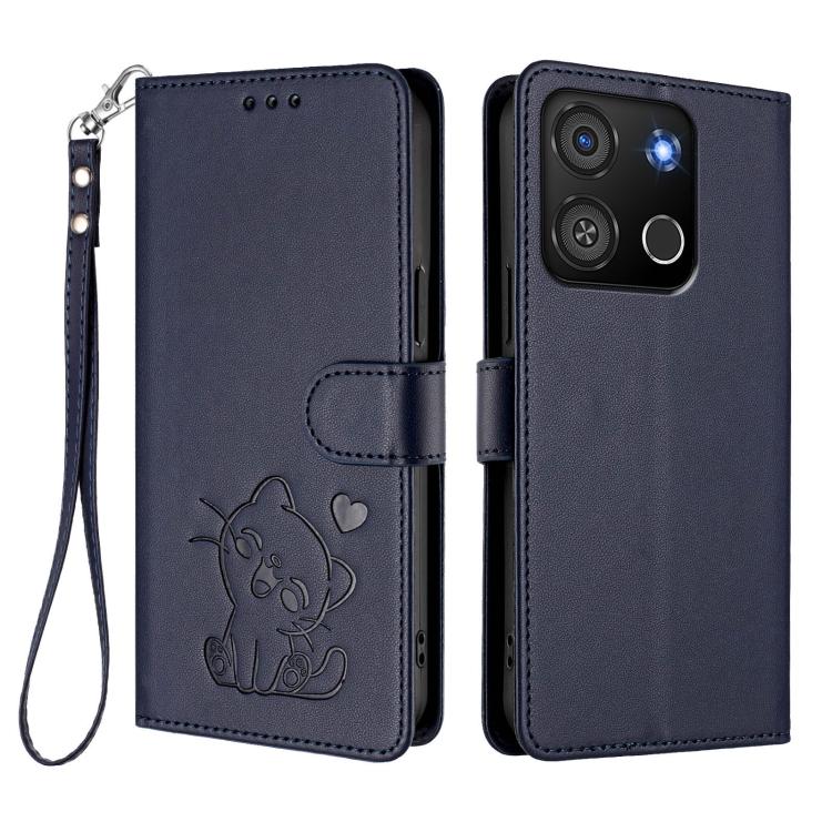 For Itel A05s Embossed Heart Cat Leather Phone Case with Hand Strap