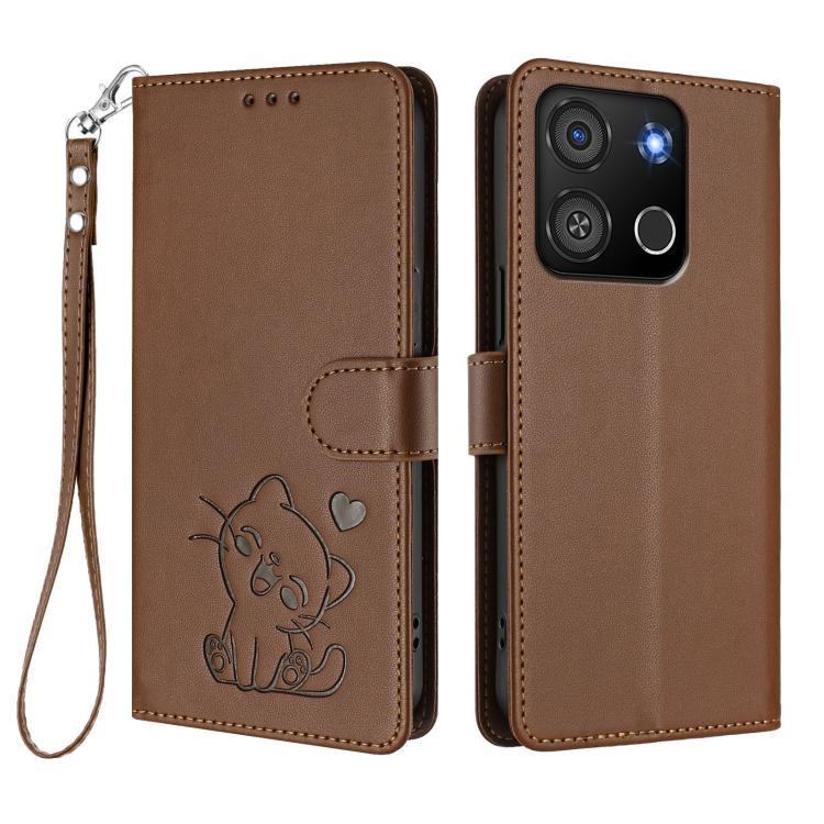 For Itel A05s Embossed Heart Cat Leather Phone Case with Hand Strap