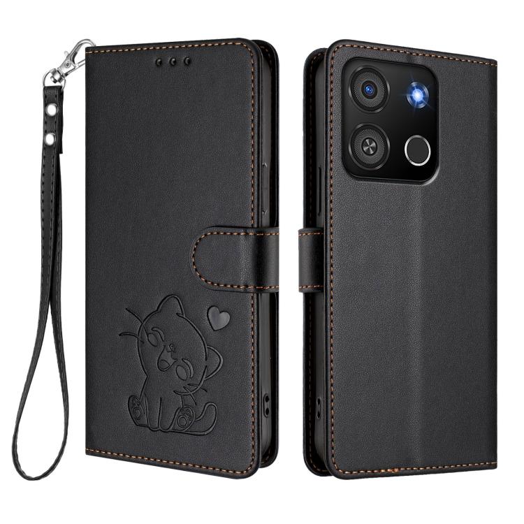 For Itel A05s Embossed Heart Cat Leather Phone Case with Hand Strap