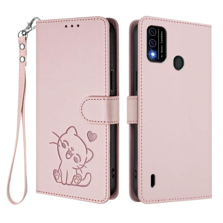 For Itel A48 Embossed Heart Cat Leather Phone Case with Hand Strap