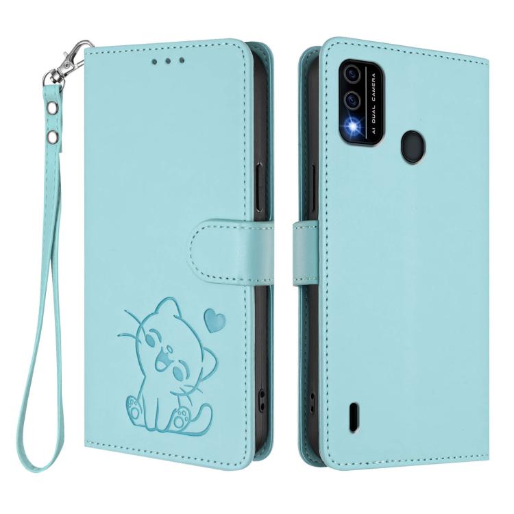 For Itel A48 Embossed Heart Cat Leather Phone Case with Hand Strap