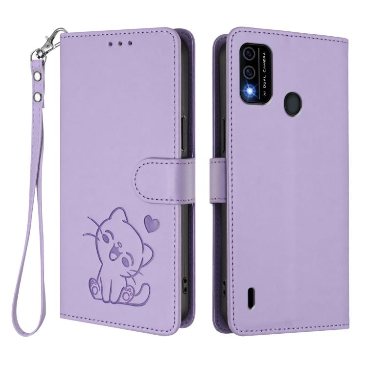 For Itel A48 Embossed Heart Cat Leather Phone Case with Hand Strap