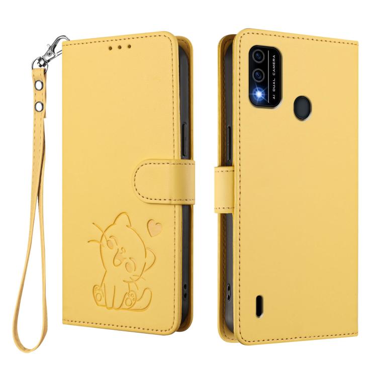 For Itel A48 Embossed Heart Cat Leather Phone Case with Hand Strap