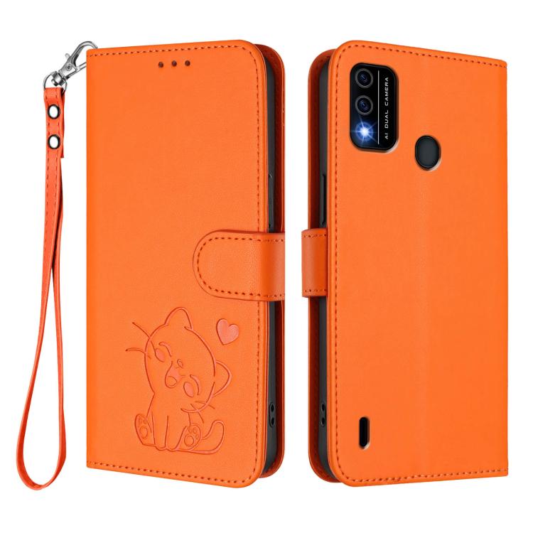 For Itel A48 Embossed Heart Cat Leather Phone Case with Hand Strap
