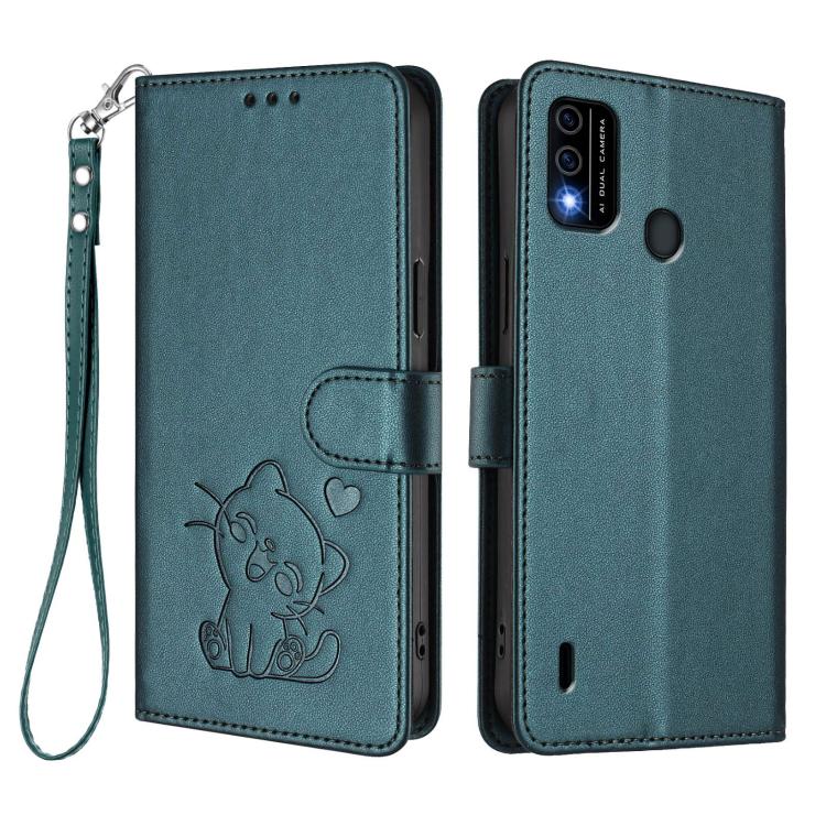 For Itel A48 Embossed Heart Cat Leather Phone Case with Hand Strap