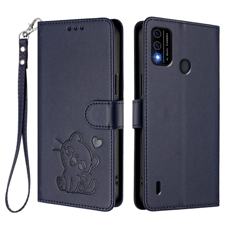 For Itel A48 Embossed Heart Cat Leather Phone Case with Hand Strap