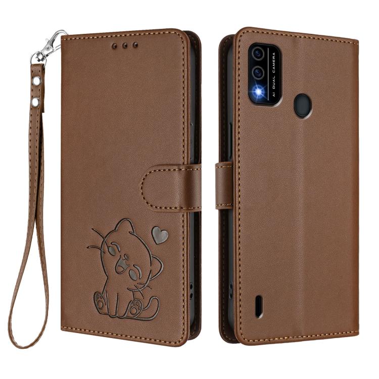 For Itel A48 Embossed Heart Cat Leather Phone Case with Hand Strap