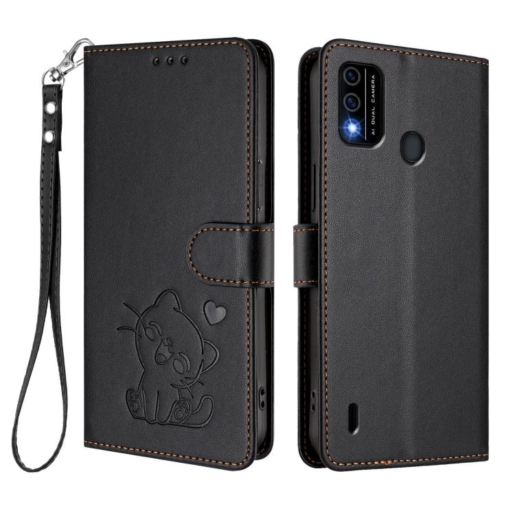 For Itel A48 Embossed Heart Cat Leather Phone Case with Hand Strap