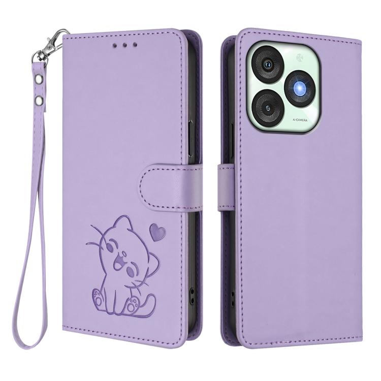 For Itel A50 Embossed Heart Cat Leather Phone Case with Hand Strap