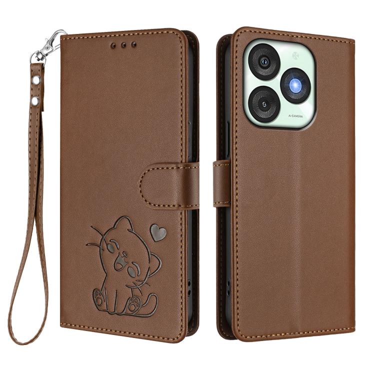 For Itel A50 Embossed Heart Cat Leather Phone Case with Hand Strap