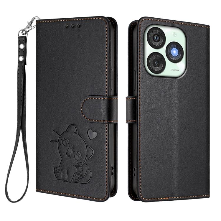 For Itel A50 Embossed Heart Cat Leather Phone Case with Hand Strap