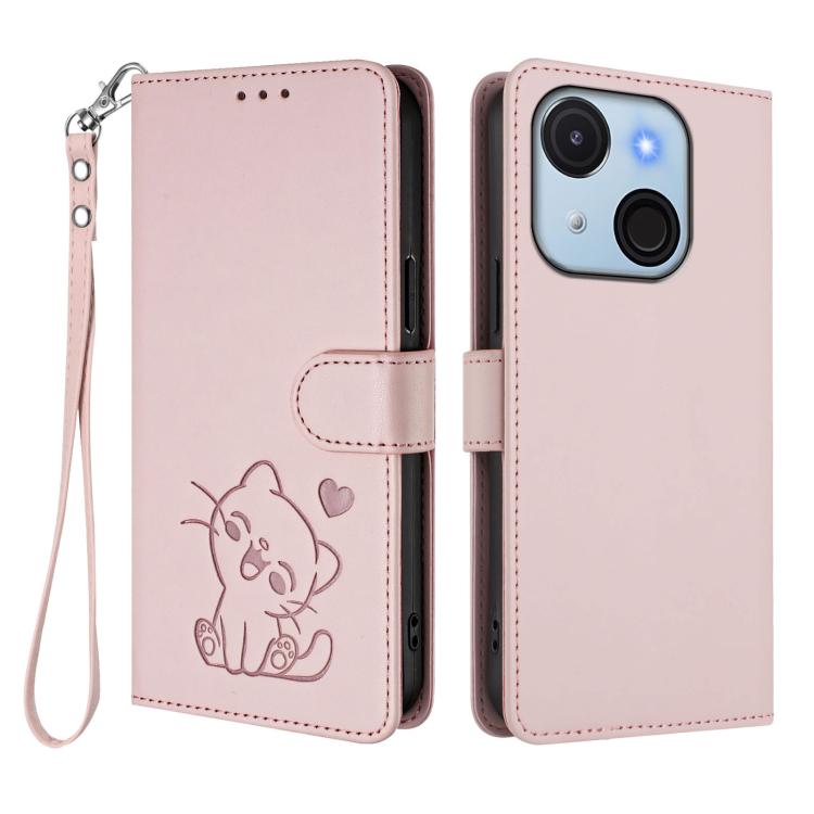 For Itel A50C Embossed Heart Cat Leather Phone Case with Hand Strap