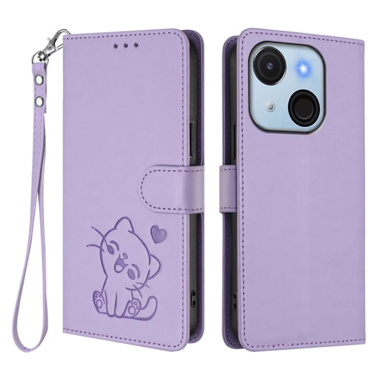 For Itel A50C Embossed Heart Cat Leather Phone Case with Hand Strap