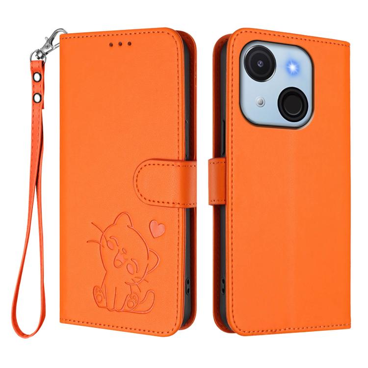 For Itel A50C Embossed Heart Cat Leather Phone Case with Hand Strap