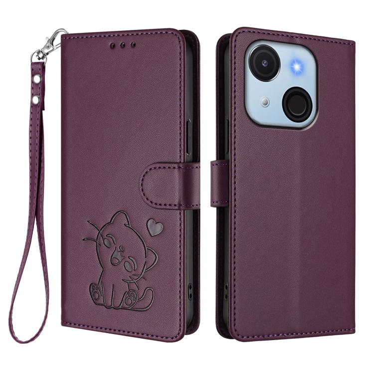 For Itel A50C Embossed Heart Cat Leather Phone Case with Hand Strap