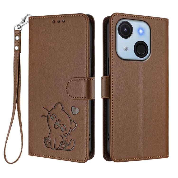 For Itel A50C Embossed Heart Cat Leather Phone Case with Hand Strap