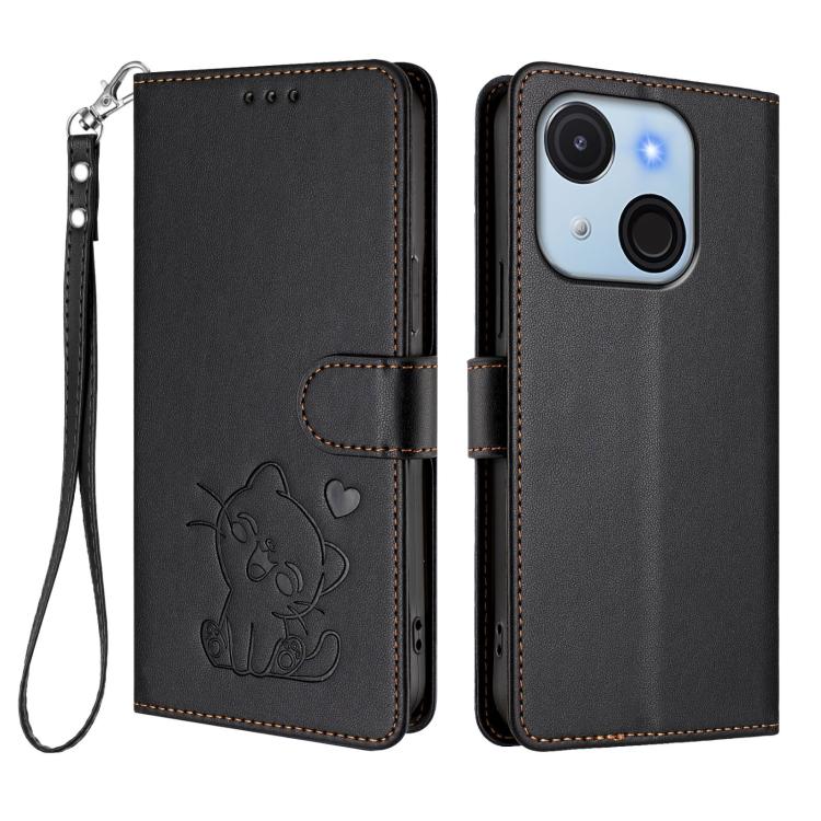 For Itel A50C Embossed Heart Cat Leather Phone Case with Hand Strap