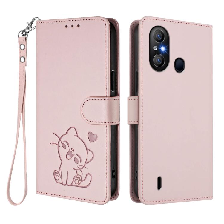 For Itel A58 Lite / A49 Play Embossed Heart Cat Leather Phone Case with Hand Strap