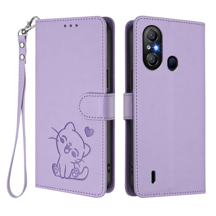 For Itel A58 Lite / A49 Play Embossed Heart Cat Leather Phone Case with Hand Strap