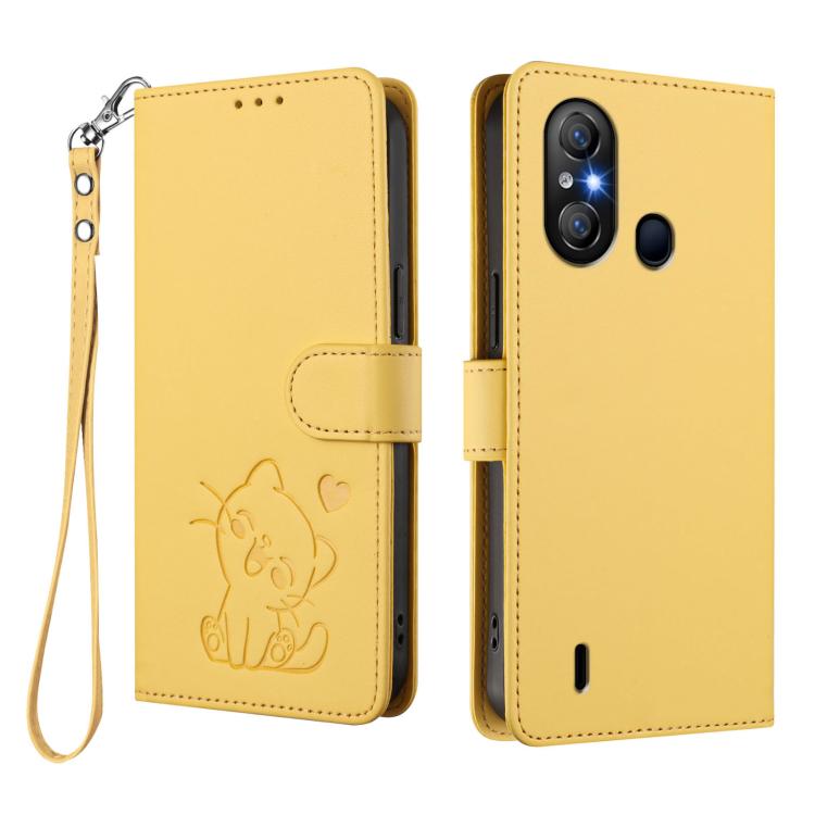 For Itel A58 Lite / A49 Play Embossed Heart Cat Leather Phone Case with Hand Strap