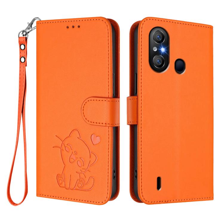 For Itel A58 Lite / A49 Play Embossed Heart Cat Leather Phone Case with Hand Strap