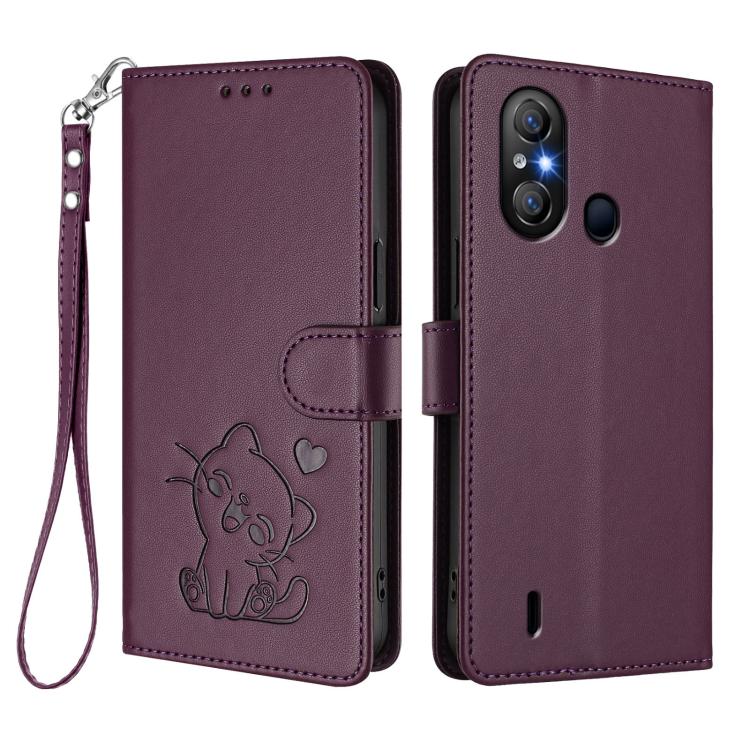 For Itel A58 Lite / A49 Play Embossed Heart Cat Leather Phone Case with Hand Strap