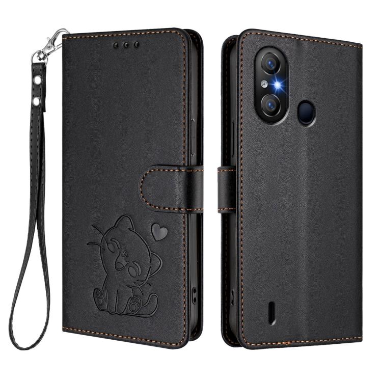 For Itel A58 Lite / A49 Play Embossed Heart Cat Leather Phone Case with Hand Strap